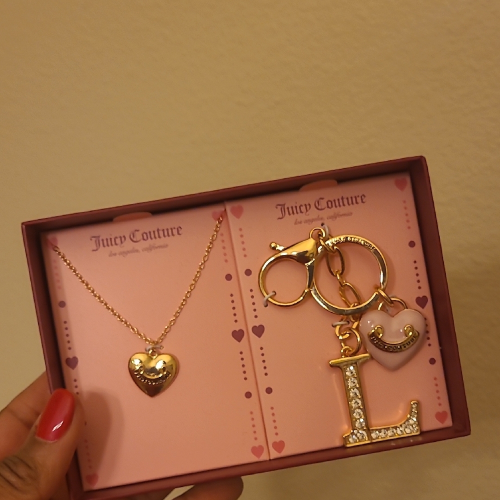 Juicy Couture Gold and Pink Heart Necklace with Keychain